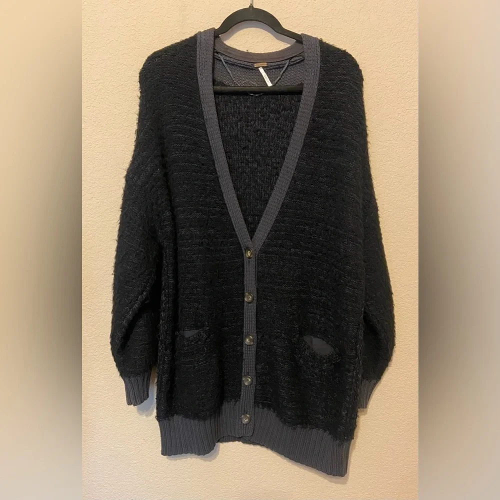 Free People Snow Drop Cardigan Sweater Black Sz Small wool alpaca dark academia